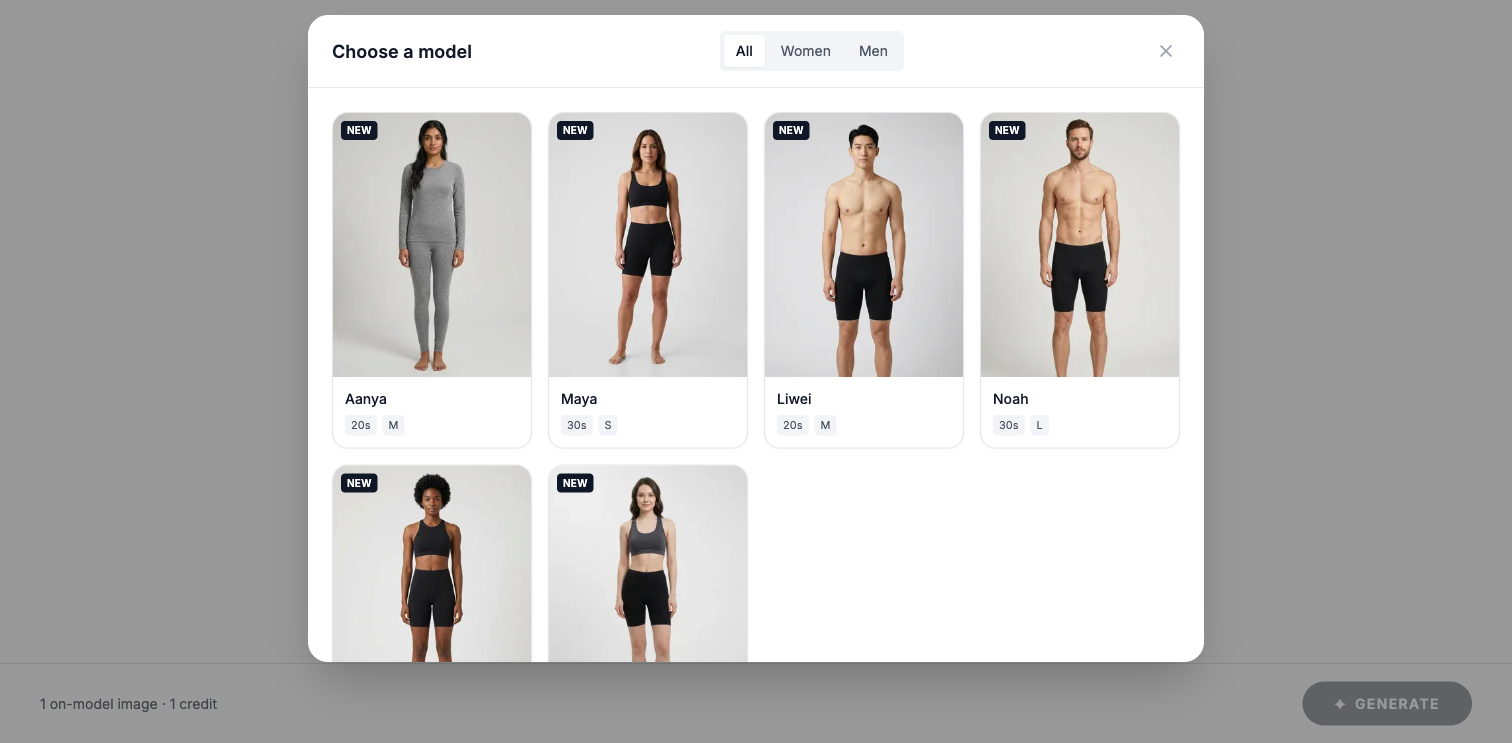 Pixefit Studio — choosing an AI model from the roster